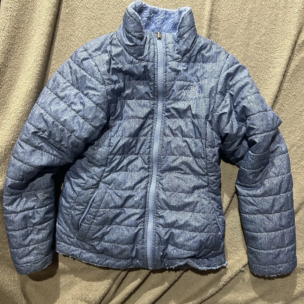 The North Face Girls Small 7/8 Reversible Puffer Fleece Jacket Heathered Blue